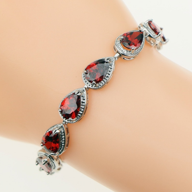 Bracelet En Argent 925 Avec Grenat - Longueur 18,5 Cm - Qualité 292, Fabriqué En Allemagne